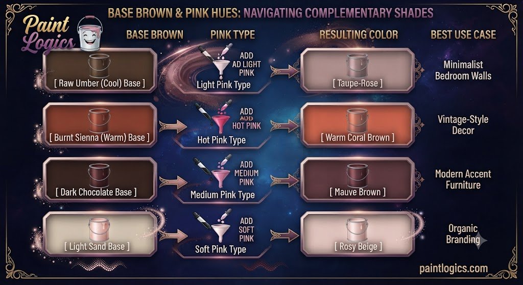 Color mixing chart showing ratios of brown and pink paint combining to create blush brown, dusty rose, and mauve brown.