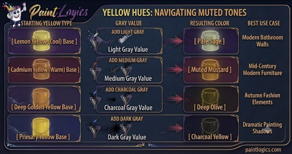 Color mixing chart showing ratios of primary yellow and gray paint combining to create pale sage, muted mustard, olive gray, and charcoal yellow.