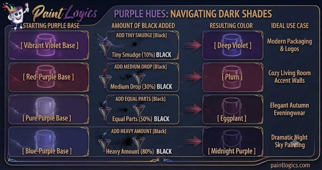Color mixing chart showing ratios of purple and black paint combining to create deep violet, plum, eggplant, and midnight purple