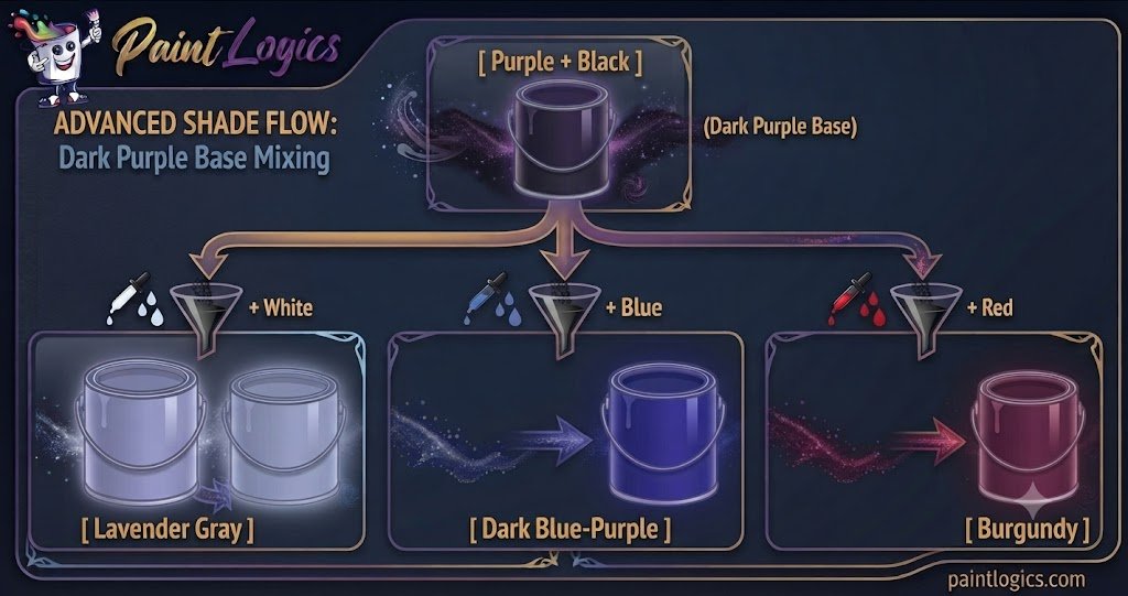 Color mixing chart showing ratios of purple and black paint combining to create deep violet, plum, eggplant, and midnight purple.