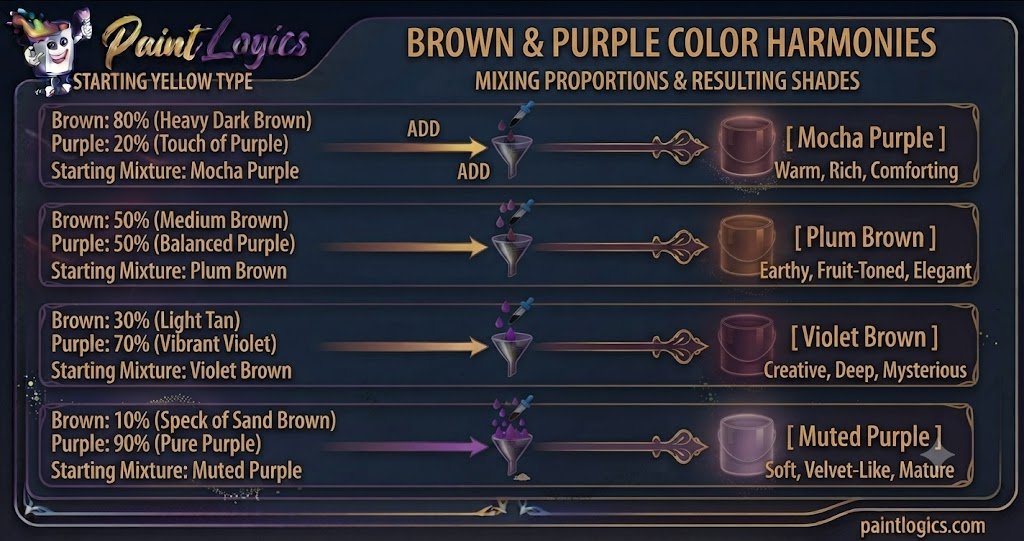 Color mixing chart showing the ratios of combining physical brown and purple paint to create mocha purple, plum brown, violet brown, and muted purple.