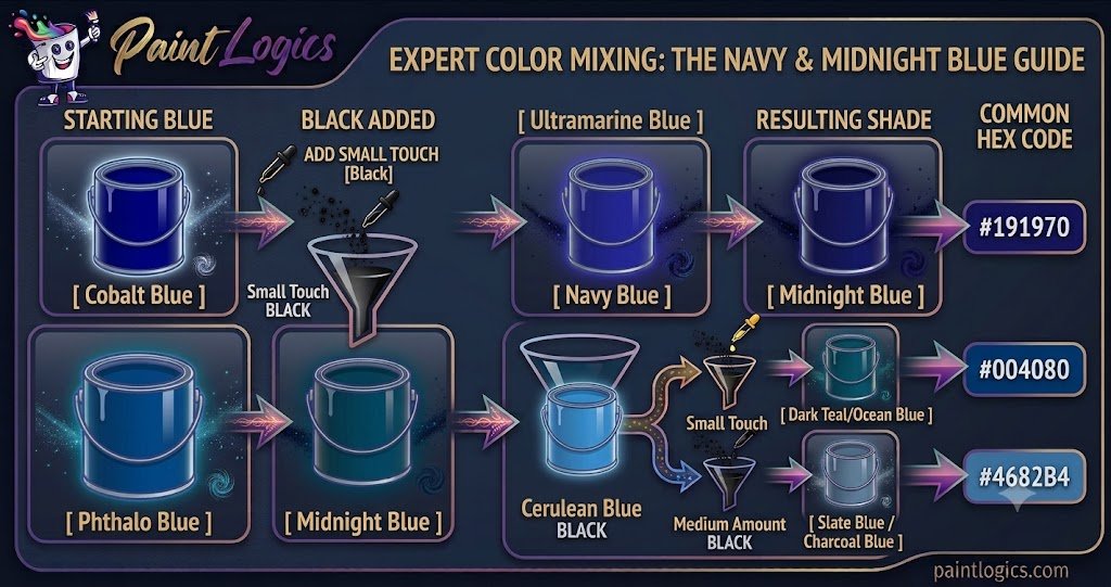 Color mixing chart showing the results of combining primary blue with different amounts of black paint to make navy and midnight blue.