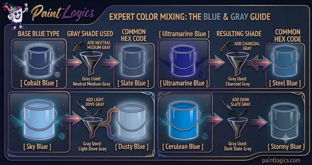 Color mixing chart showing the results of combining primary blue with different values of gray paint to create slate blue, steel blue, and dusty blue.