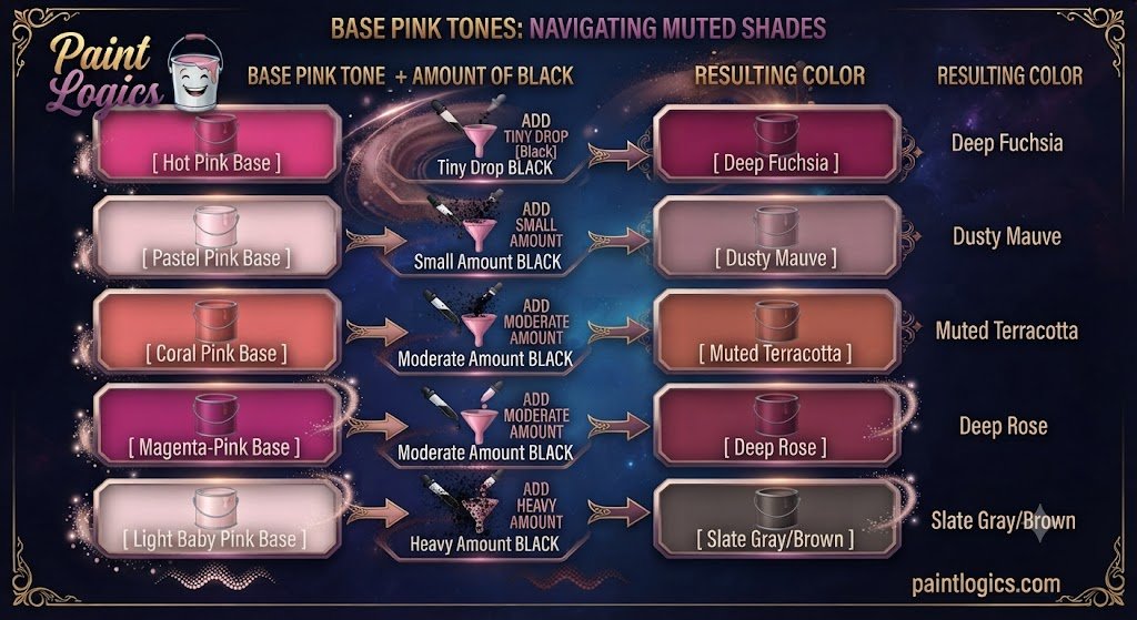 Hand-painted color mixing guide showing the transition from bright pink to dusty rose and mauve