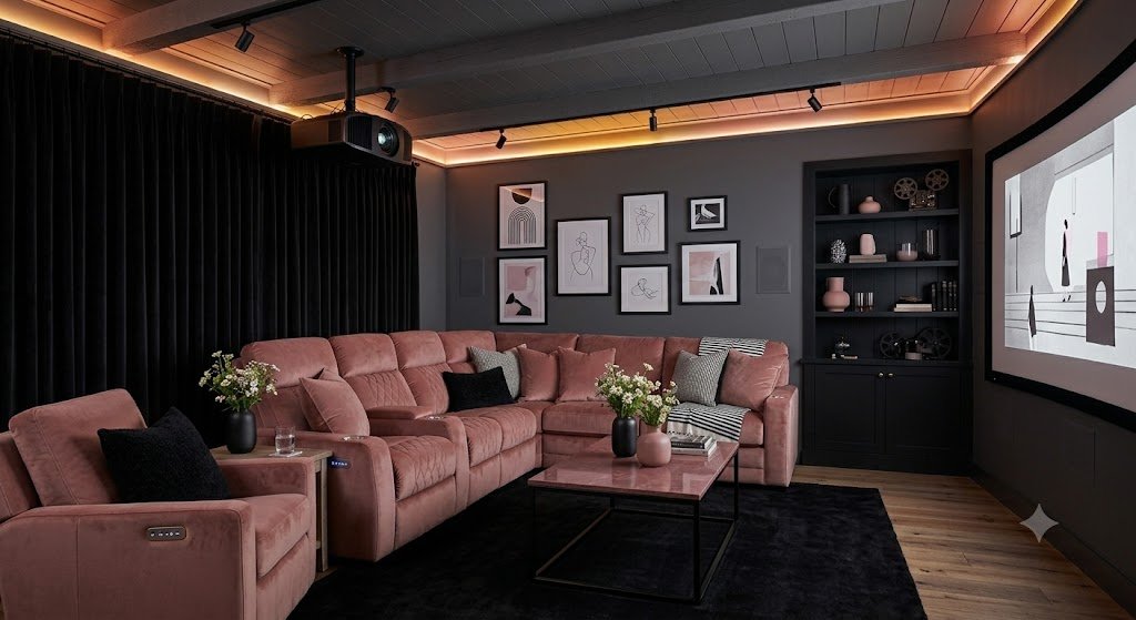 Interior design palette featuring a mix of dusty pink and black accents for a modern home