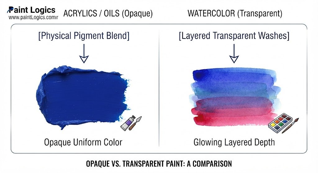 ACRYLICS / OILS (Opaque)             WATERCOLOR (Transparent)

  [Physical Pigment Blend]             [Layered Transparent Washes]

            │                                      │

            ▼                                      ▼

    Opaque Uniform Color                 Glowing Layered Depth