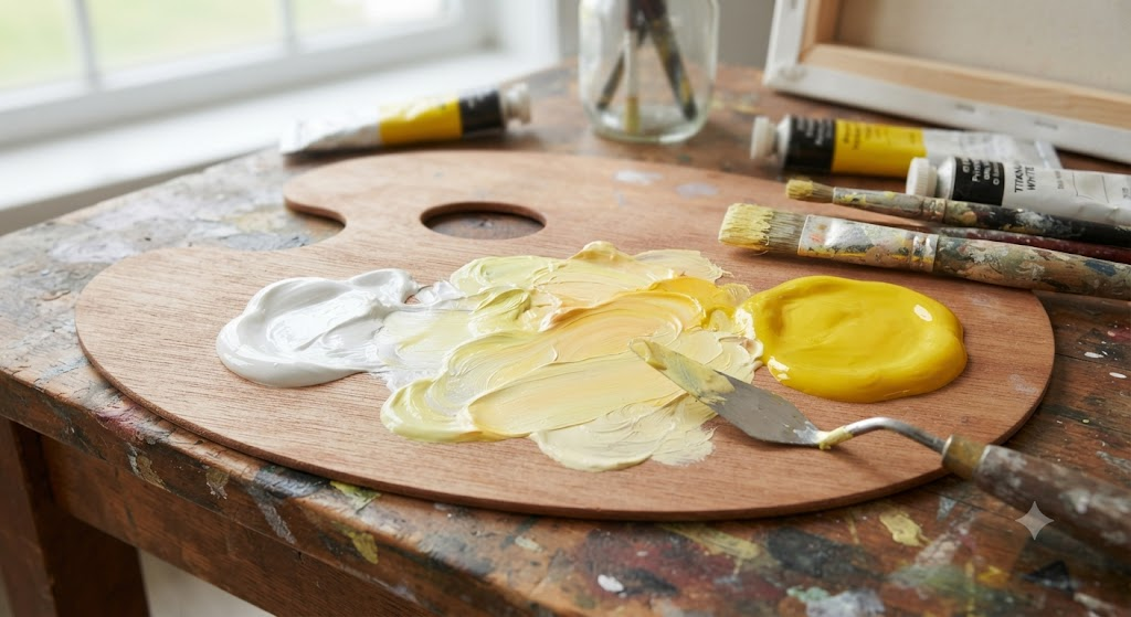 An artist's palette showing a bright pool of primary yellow paint blending smoothly into a clean white base to create soft butter and pastel lemon tints.