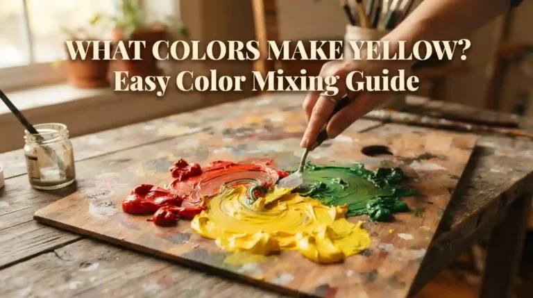 Yellow paint color displayed on a mixing palette with paint tubes and color swatches showing color theory concepts.