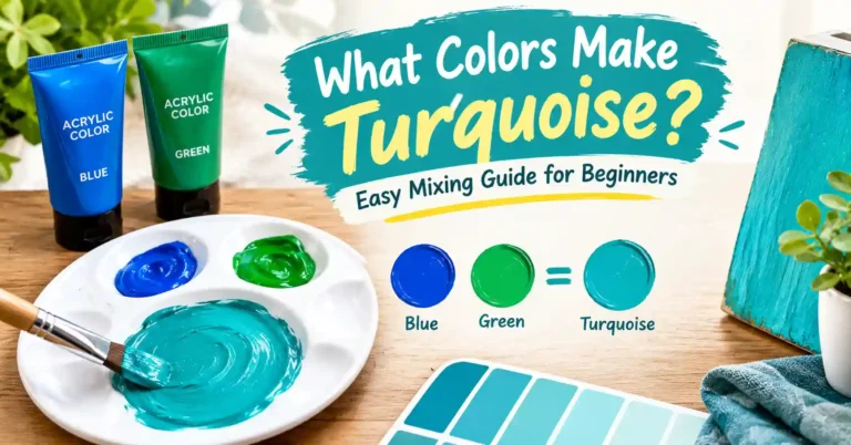 Turquoise paint color created by mixing blue and green paint with color swatches and mixing palette.
