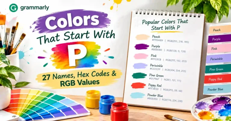 Colors that start with P featuring colorful paint swatches, color names, HEX codes, and RGB values.