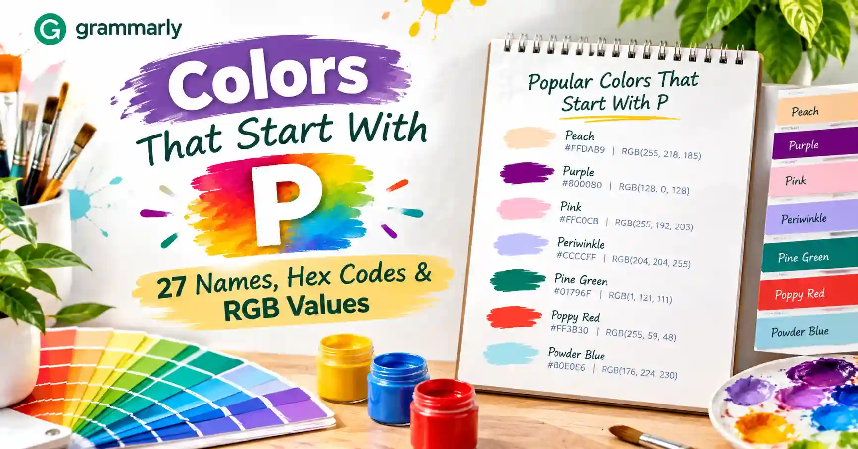 Colors that start with P featuring colorful paint swatches, color names, HEX codes, and RGB values.