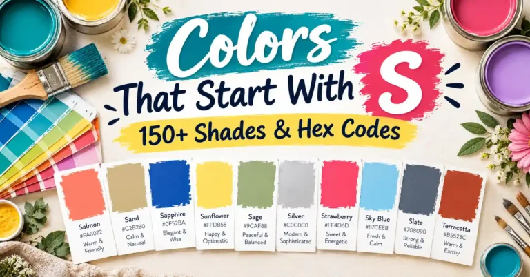 Colorful paint swatches featuring colors that start with S, including salmon, sand, sapphire, sunflower, sage, silver, strawberry, sky blue, and slate.