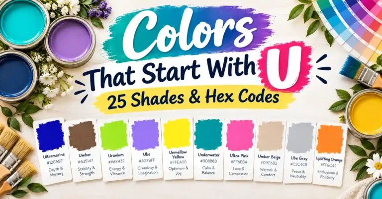 Colorful paint swatches featuring colors that start with U, including ultramarine, umber, uranium green, ube, unmellow yellow, underwater, and ultra pink.