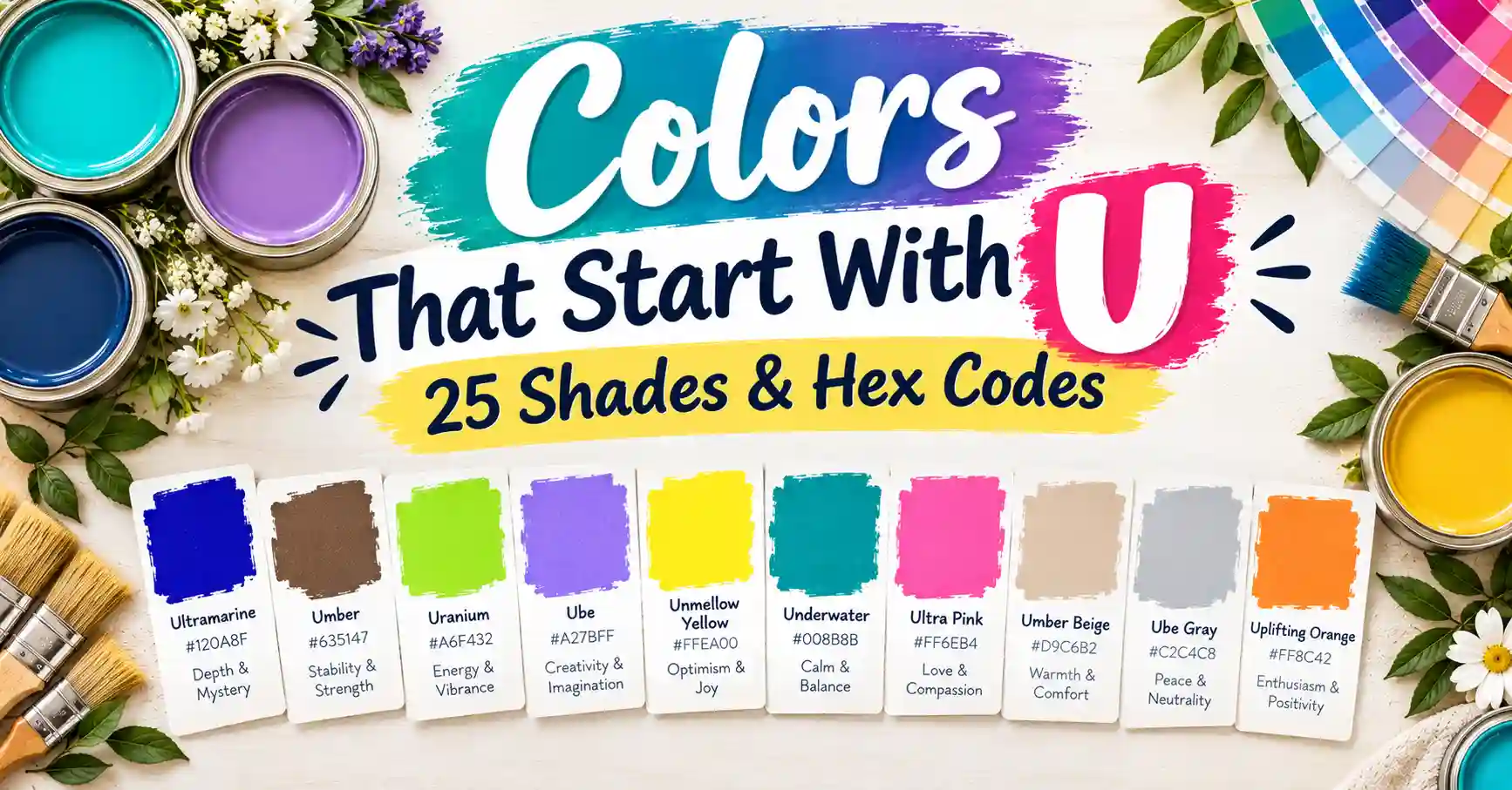 Colorful paint swatches featuring colors that start with U, including ultramarine, umber, uranium green, ube, unmellow yellow, underwater, and ultra pink.