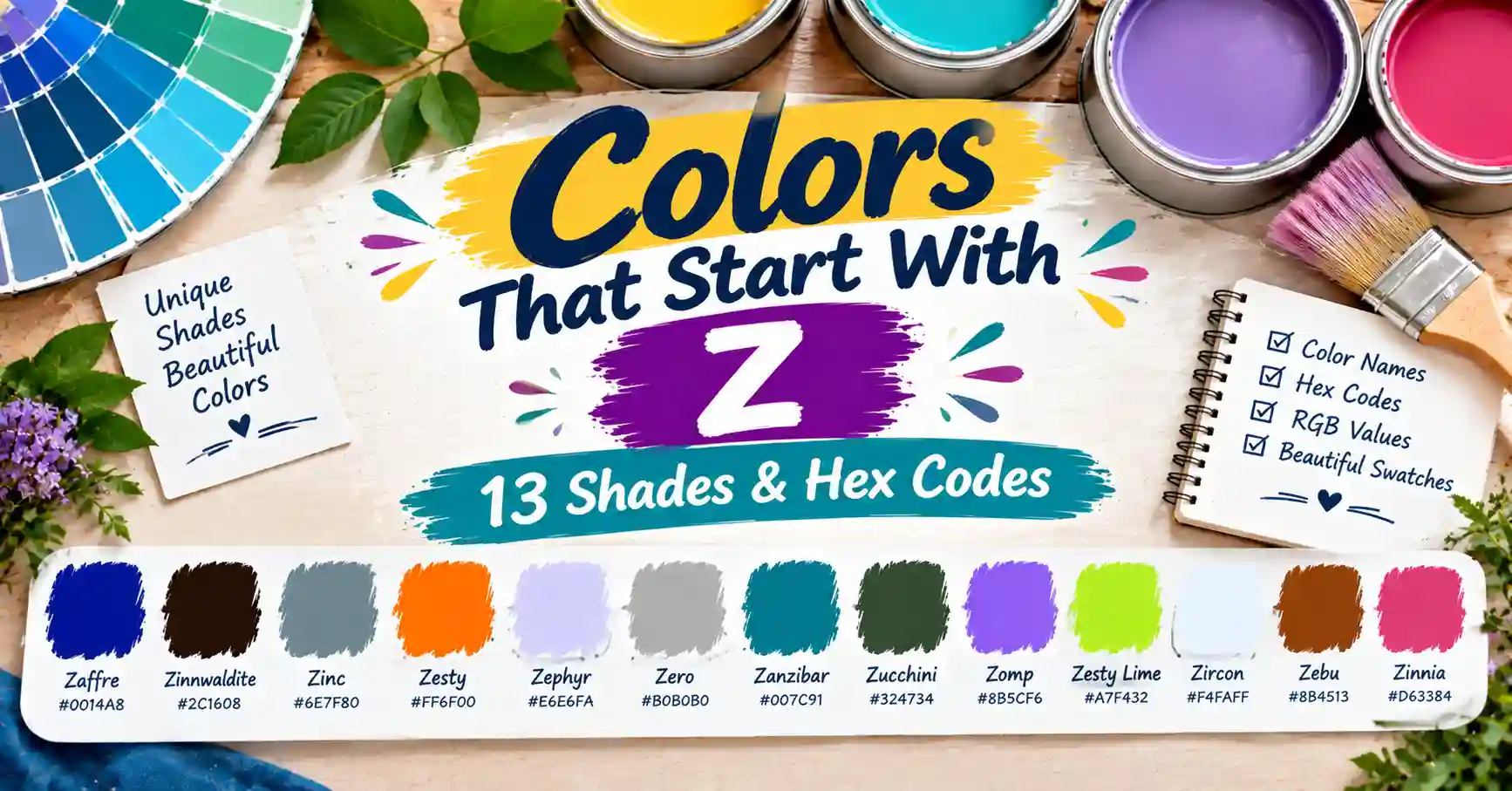 13 colors that start with Z, featuring unique paint shades, color names, and HEX codes