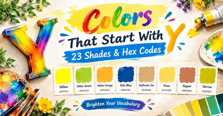 Colors that start with Y displayed in a vibrant palette featuring yellow, yellow green, yellow orange, Yale blue, and other unique shades with HEX codes.