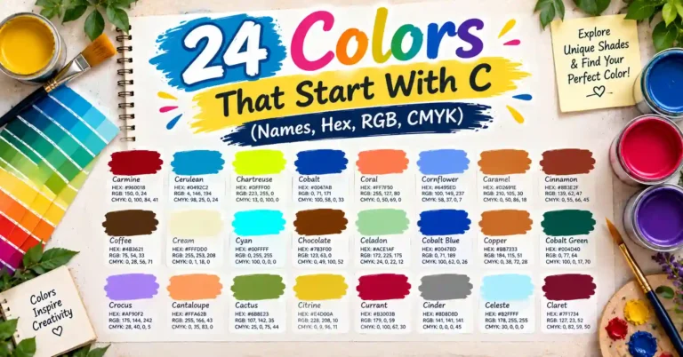 24 colors that start with C with names, HEX codes, RGB values, and CMYK codes