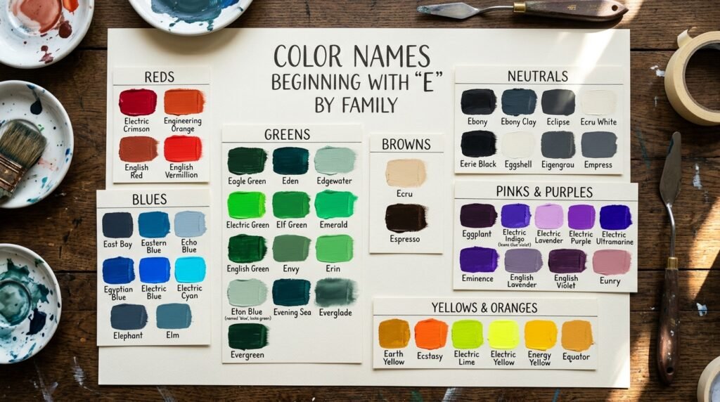 Color Names Beginning With E by Family