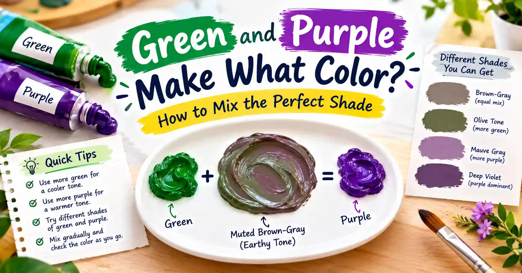 Paint color mixing demonstration showing green and purple blending to create a unique muted brown-gray shade with color swatches and mixing tools.