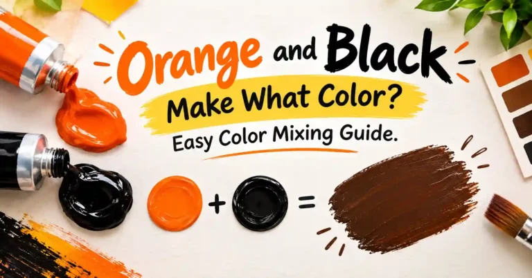 Paint color mixing demonstration showing orange and black blending to create a dark brown or burnt orange shade with paint swatches and brushes.