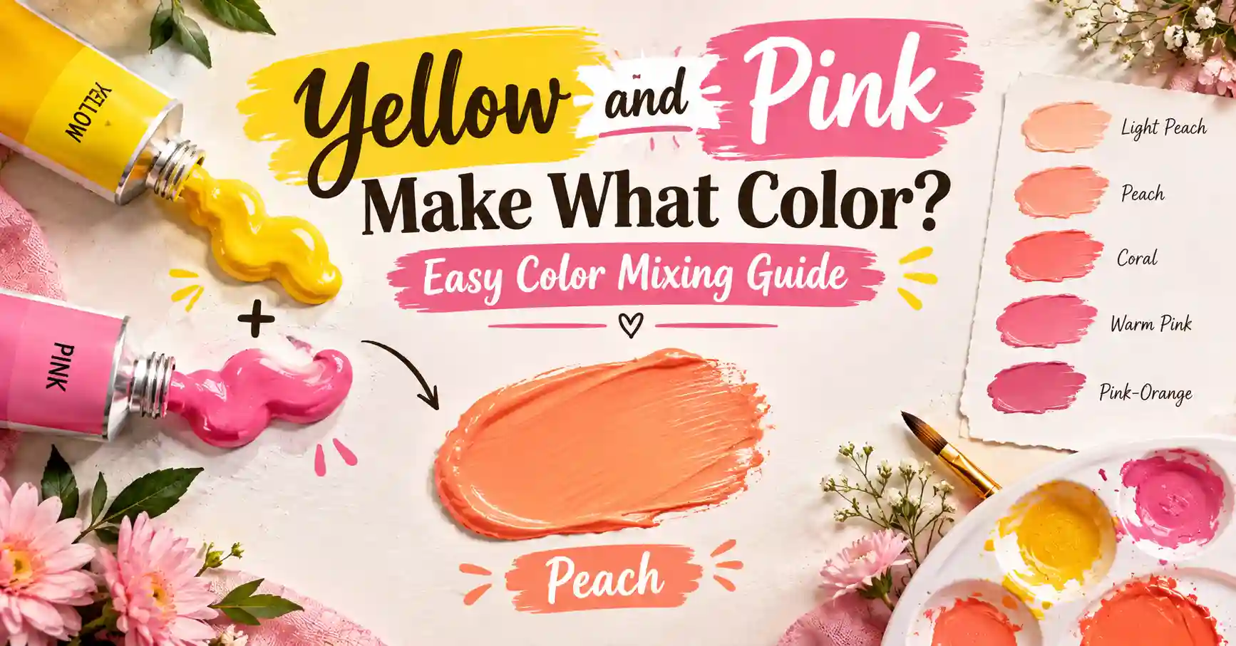 ellow and pink color mixing guide showing the color created when yellow and pink are combined