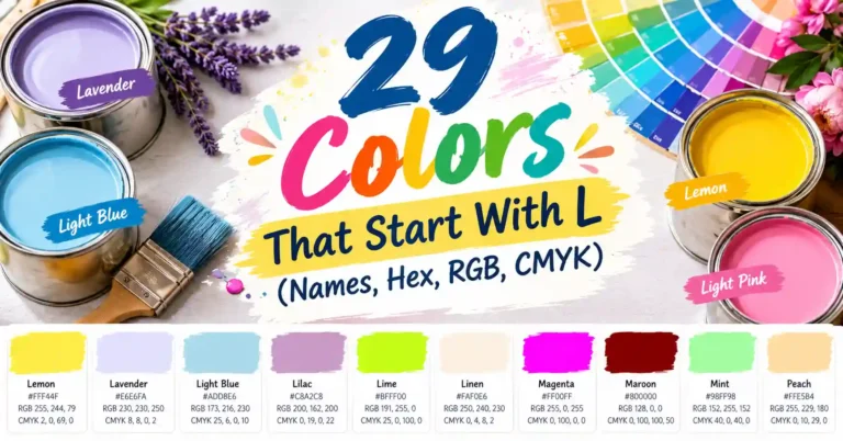 29 colors that start with L with names, HEX codes, RGB values, and CMYK codes