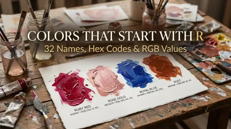 Colors that start with R, featuring colorful paint swatches and color names with HEX codes and RGB values.