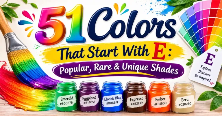 51 colors that start with E displayed in a vibrant color palette with names and HEX codes.