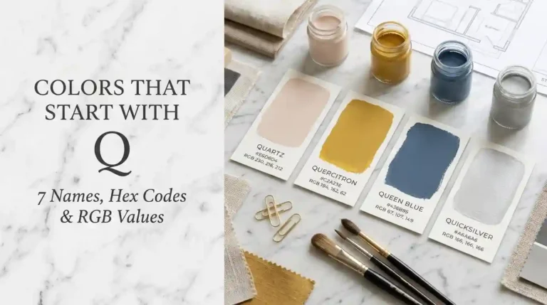 Colors that start with Q featuring colorful paint swatches, color names, HEX codes, and RGB values.