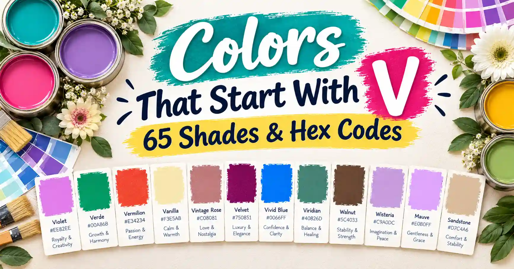 Colorful paint swatches featuring colors that start with V, including violet, verde, vermilion, vanilla, vintage rose, velvet, vivid blue, and viridian.
